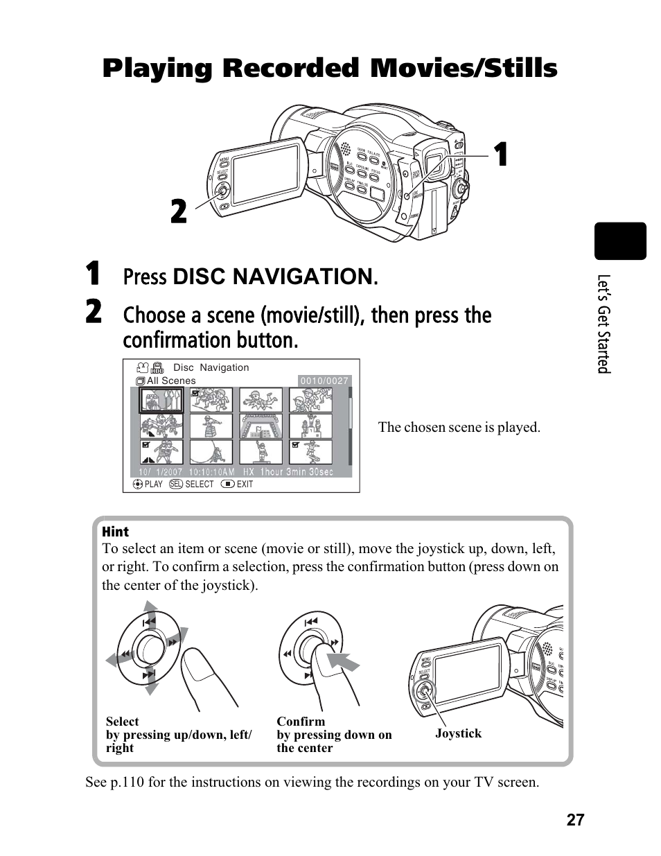 Playing recorded movies/stills, Press disc navigation | Hitachi DZ-BD70A User Manual | Page 27 / 183