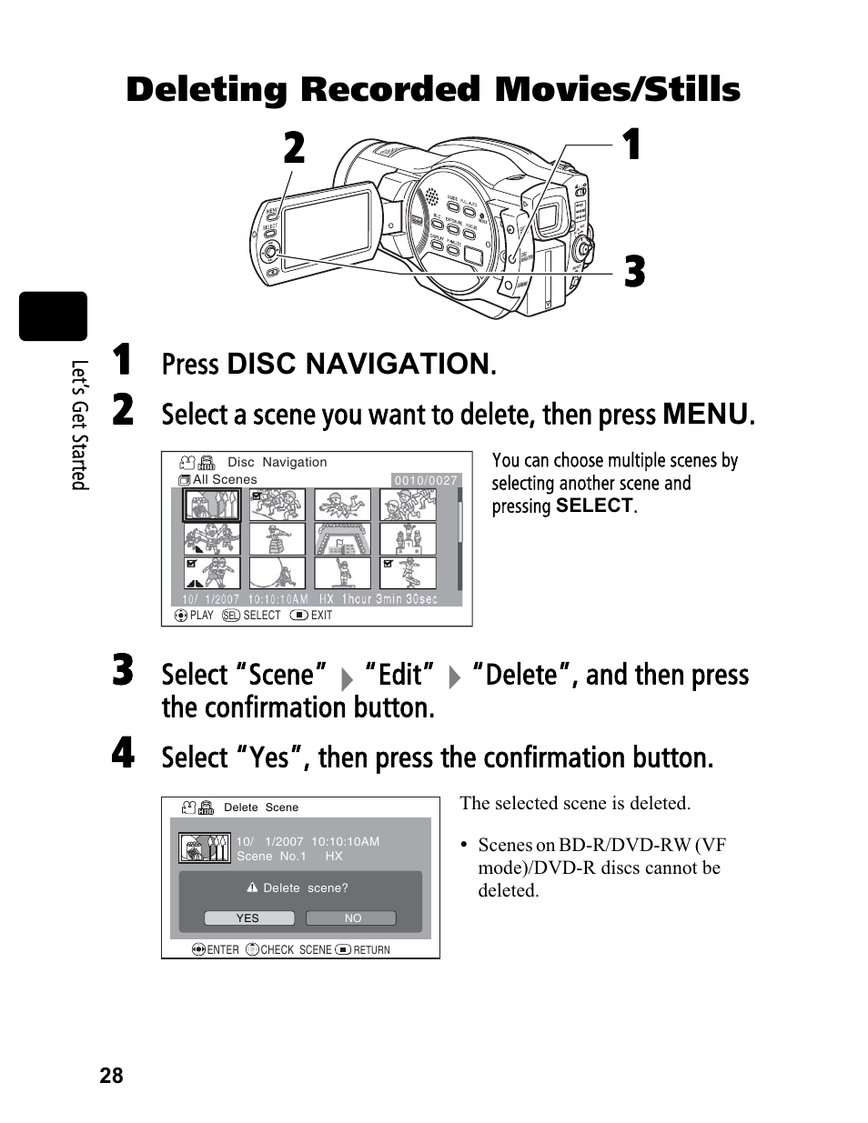 Deleting recorded movies/stills, Press disc navigation, Select a scene you want to delete, then press menu | Select “yes”, then press the confirmation button | Hitachi DZ-BD70A User Manual | Page 28 / 183