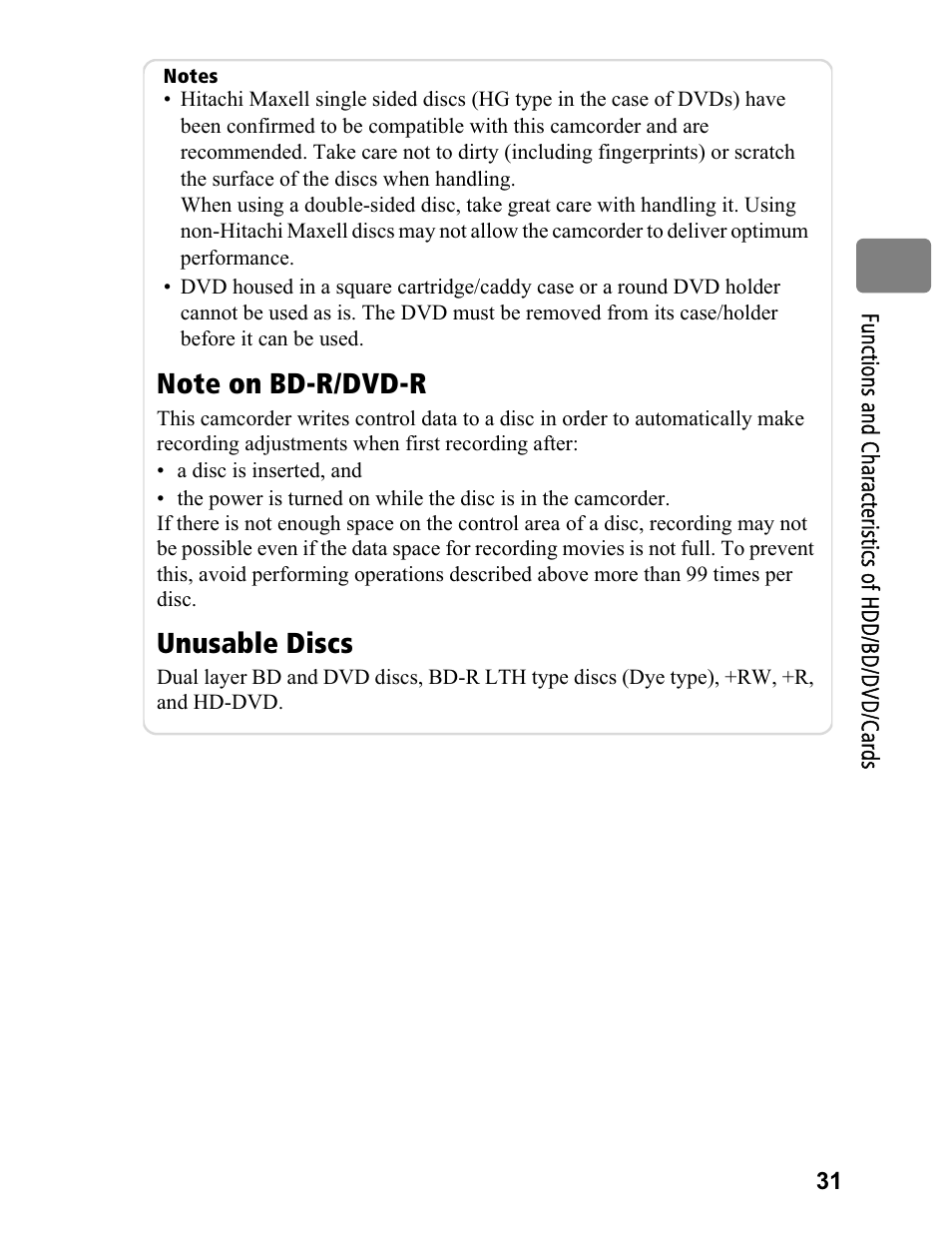 Unusable discs | Hitachi DZ-BD70A User Manual | Page 31 / 183
