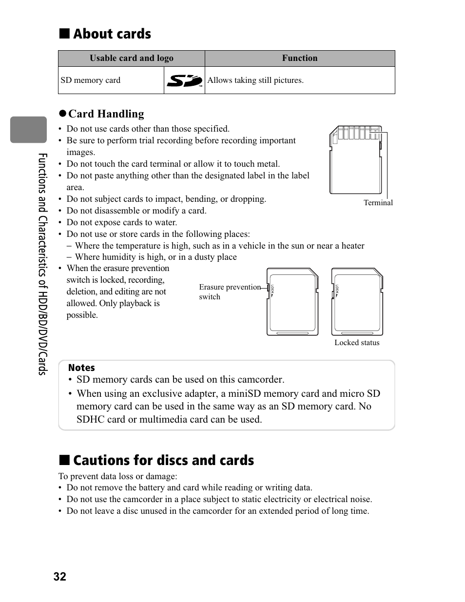 About cards, Cautions for discs and cards | Hitachi DZ-BD70A User Manual | Page 32 / 183