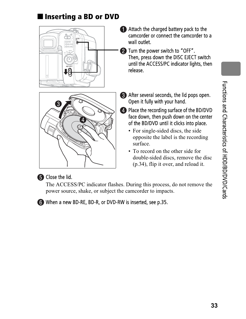 Inserting a bd or dvd | Hitachi DZ-BD70A User Manual | Page 33 / 183