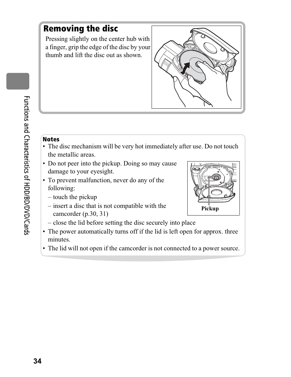 Removing the disc | Hitachi DZ-BD70A User Manual | Page 34 / 183