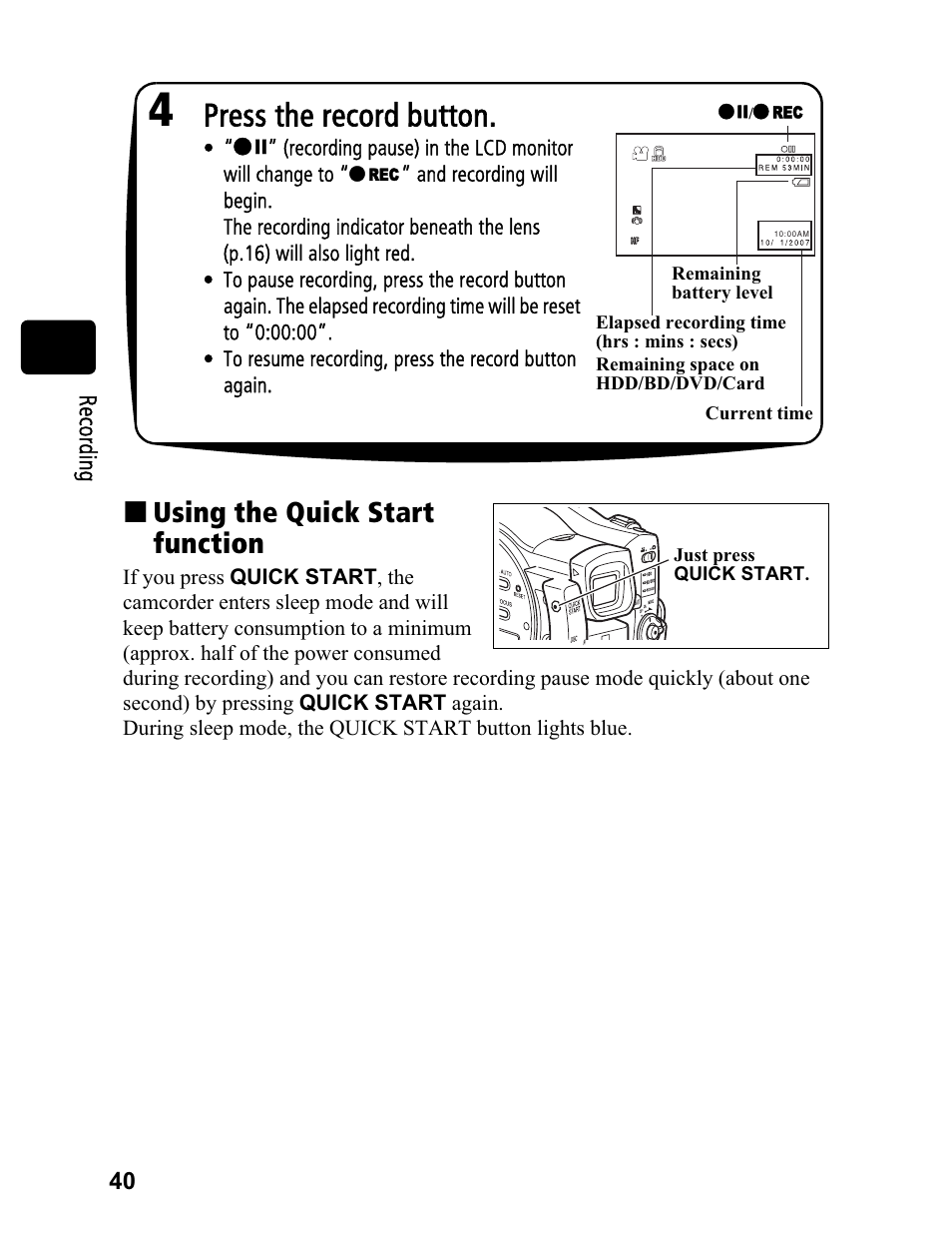 Press the record button, Using the quick start function | Hitachi DZ-BD70A User Manual | Page 40 / 183