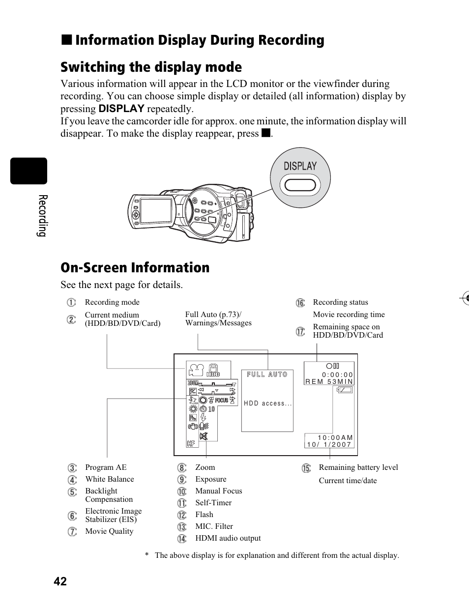 On-screen information, 42 r ec or din g | Hitachi DZ-BD70A User Manual | Page 42 / 183