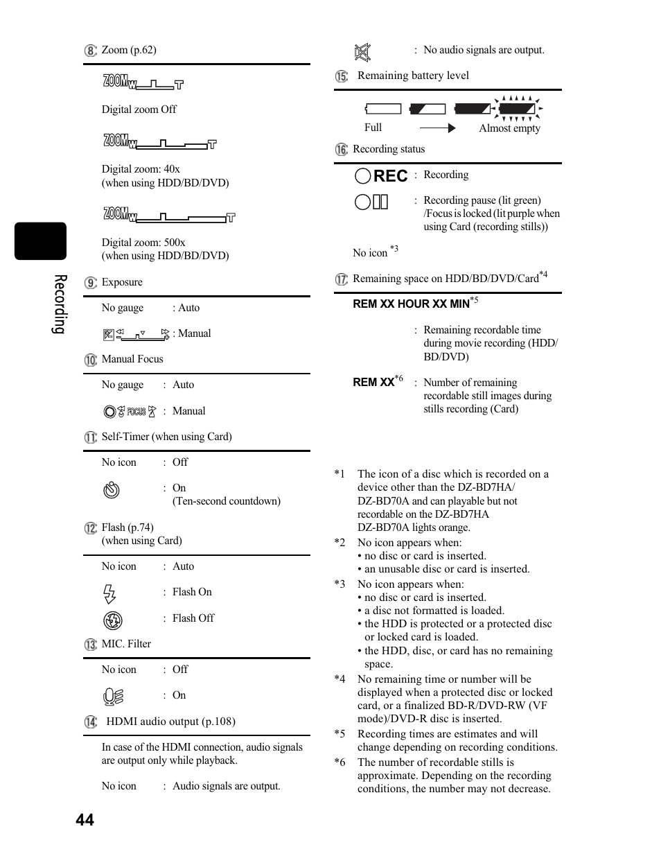 44 r ec or din g | Hitachi DZ-BD70A User Manual | Page 44 / 183