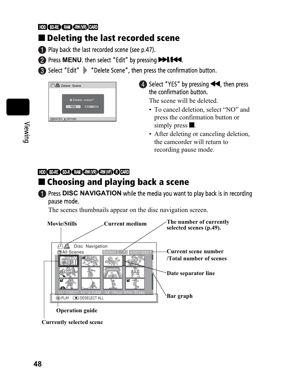 Deleting the last recorded scene, Choosing and playing back a scene, 48 v ie w in g | Hitachi DZ-BD70A User Manual | Page 48 / 183