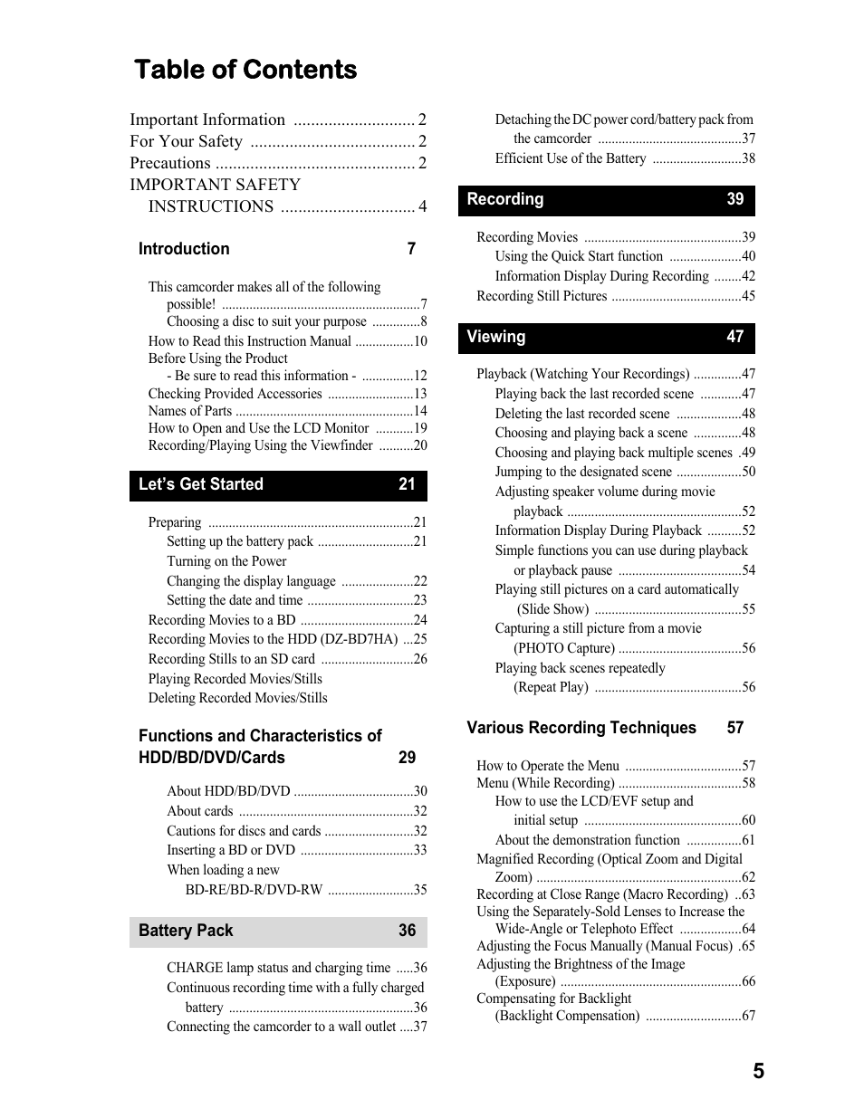 Hitachi DZ-BD70A User Manual | Page 5 / 183