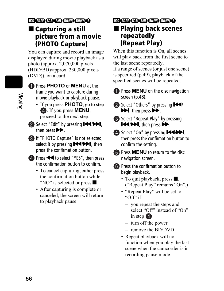 Playing back scenes repeatedly (repeat play) | Hitachi DZ-BD70A User Manual | Page 56 / 183