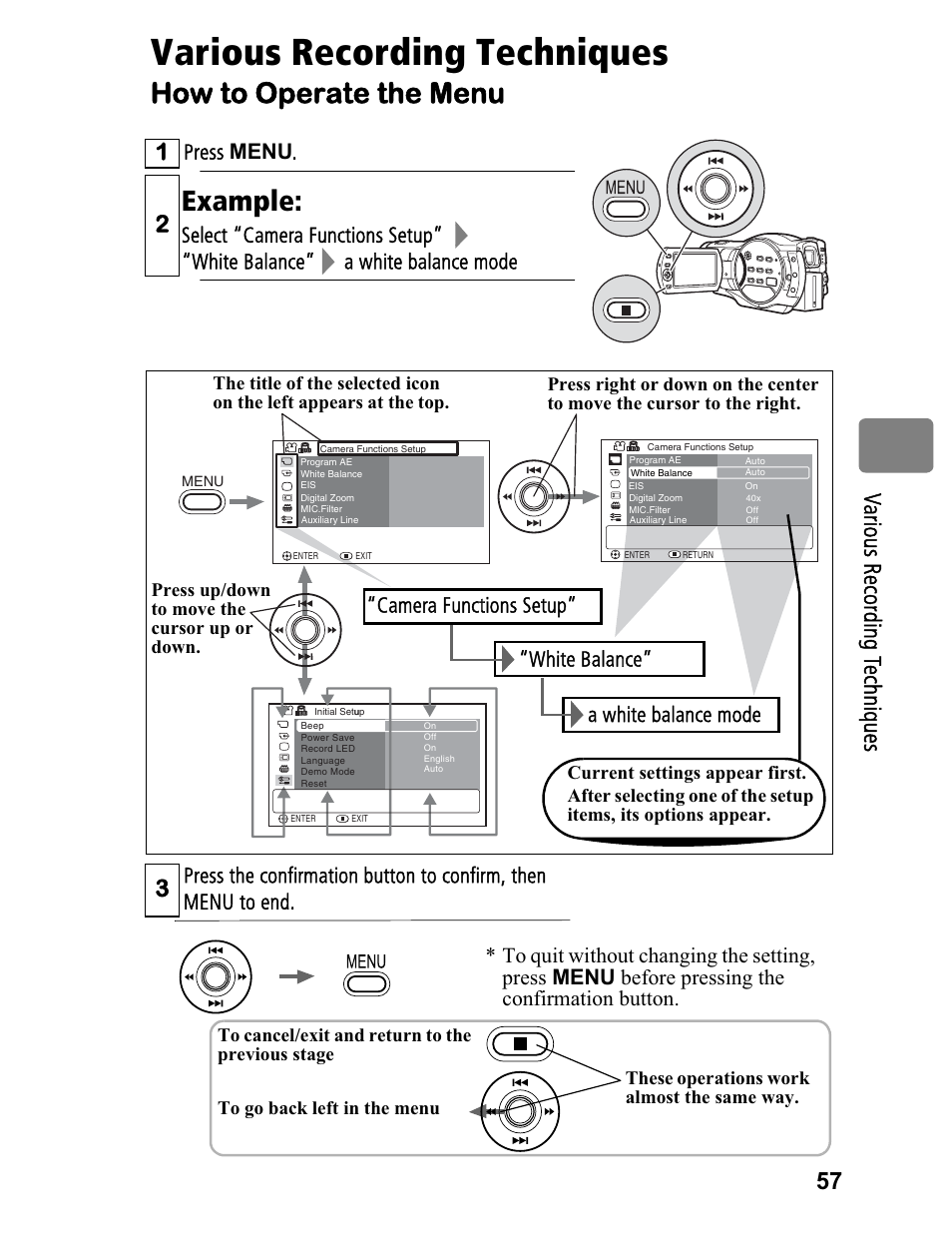 Various recording techniques, How to operate the menu, Example | 57 va rio us r ec or din g t ec hn iq ue s, Press menu | Hitachi DZ-BD70A User Manual | Page 57 / 183