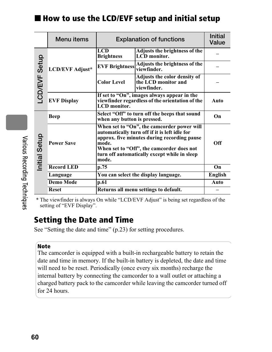 How to use the lcd/evf setup and initial setup, Setting the date and time | Hitachi DZ-BD70A User Manual | Page 60 / 183