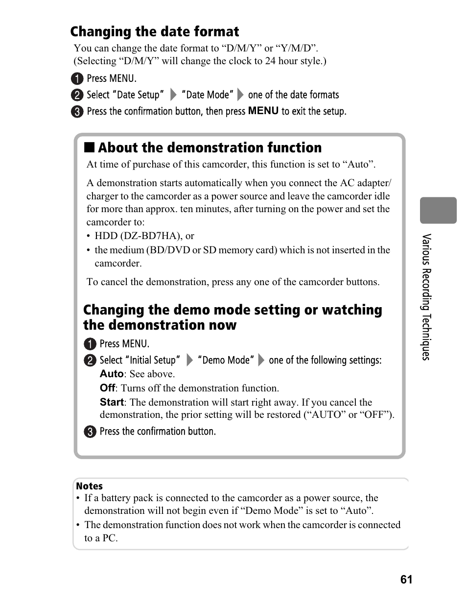 Changing the date format, About the demonstration function | Hitachi DZ-BD70A User Manual | Page 61 / 183