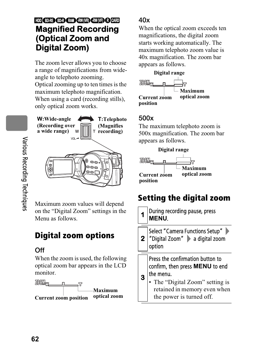 Digital zoom options | Hitachi DZ-BD70A User Manual | Page 62 / 183