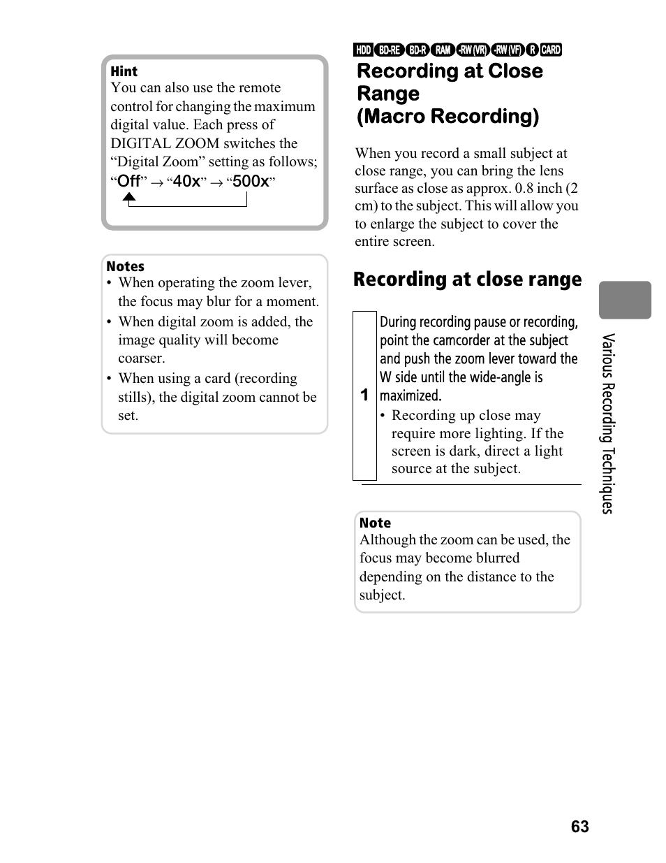 Recording at close range, Recording at close range (macro recording) | Hitachi DZ-BD70A User Manual | Page 63 / 183