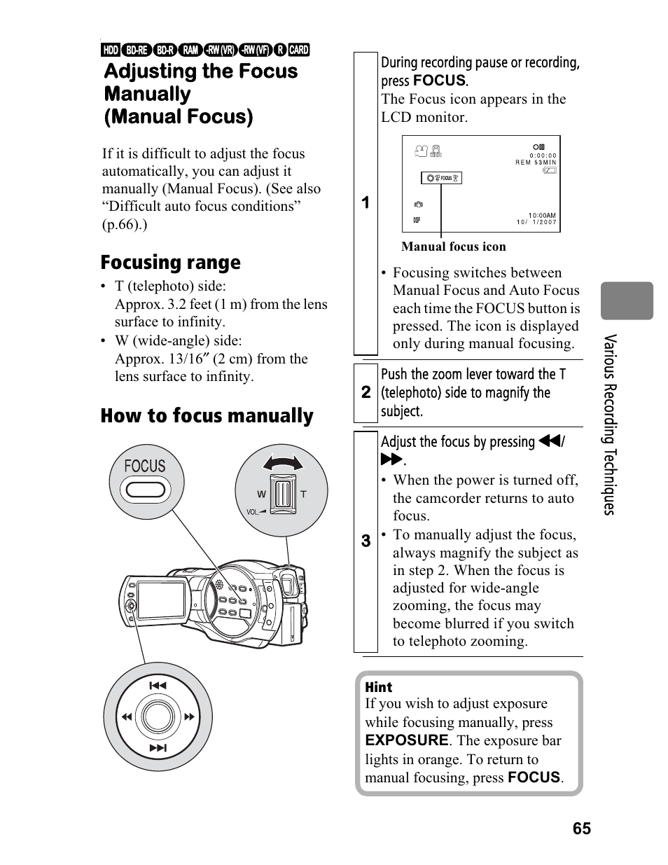 Focusing range | Hitachi DZ-BD70A User Manual | Page 65 / 183
