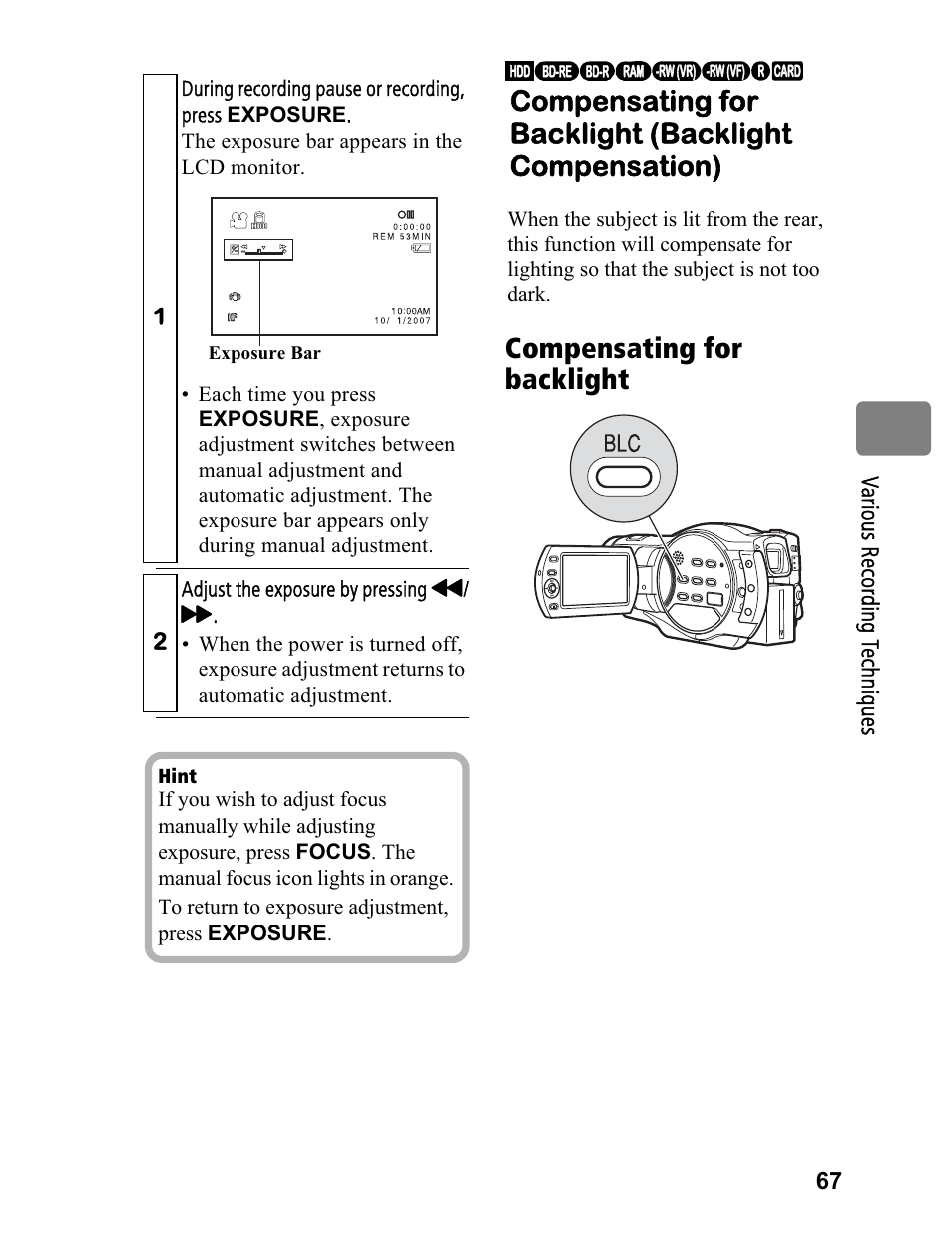 Compensating for backlight | Hitachi DZ-BD70A User Manual | Page 67 / 183