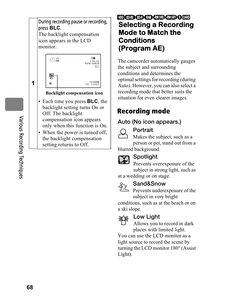 Recording mode | Hitachi DZ-BD70A User Manual | Page 68 / 183