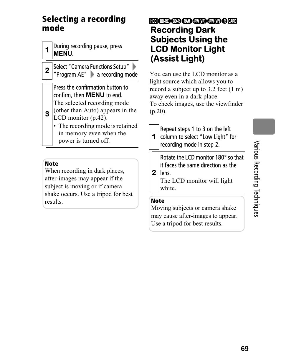 Selecting a recording mode | Hitachi DZ-BD70A User Manual | Page 69 / 183