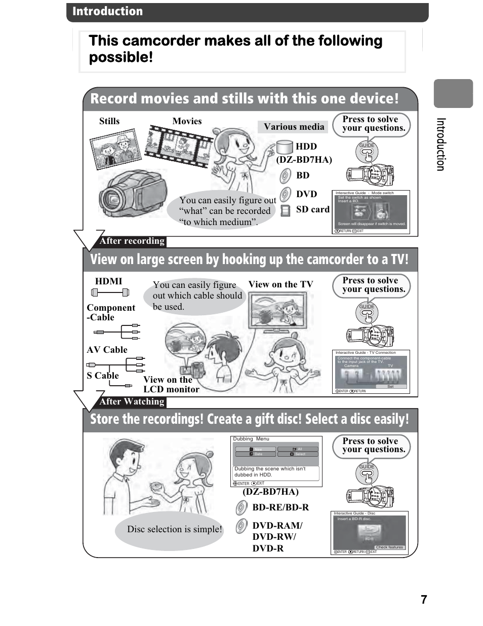 This camcorder makes all of the following possible, 7in tro du cti on, Introduction | Stills movies, Press to solve your questions | Hitachi DZ-BD70A User Manual | Page 7 / 183