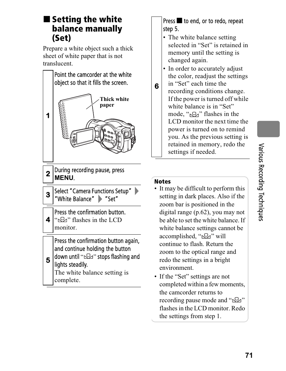 Setting the white balance manually (set) | Hitachi DZ-BD70A User Manual | Page 71 / 183