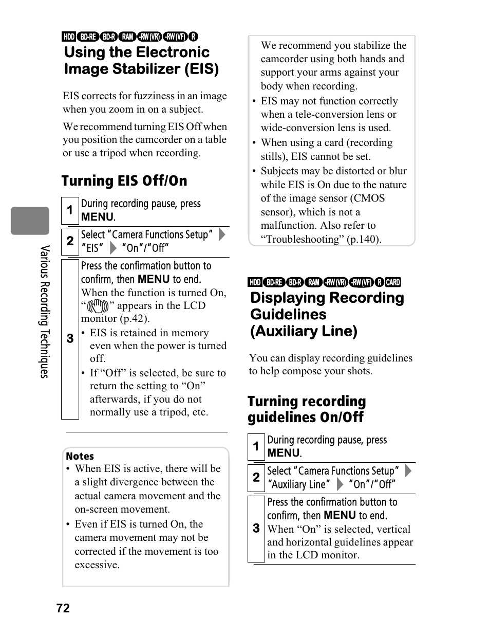 Displaying recording guidelines (auxiliary line) | Hitachi DZ-BD70A User Manual | Page 72 / 183