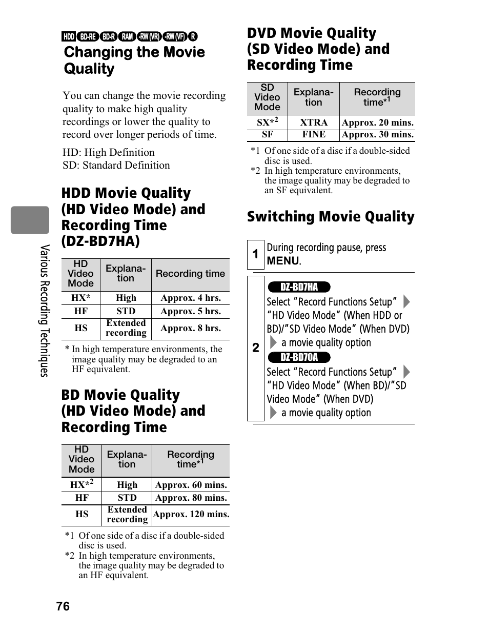 Switching movie quality changing the movie quality | Hitachi DZ-BD70A User Manual | Page 76 / 183