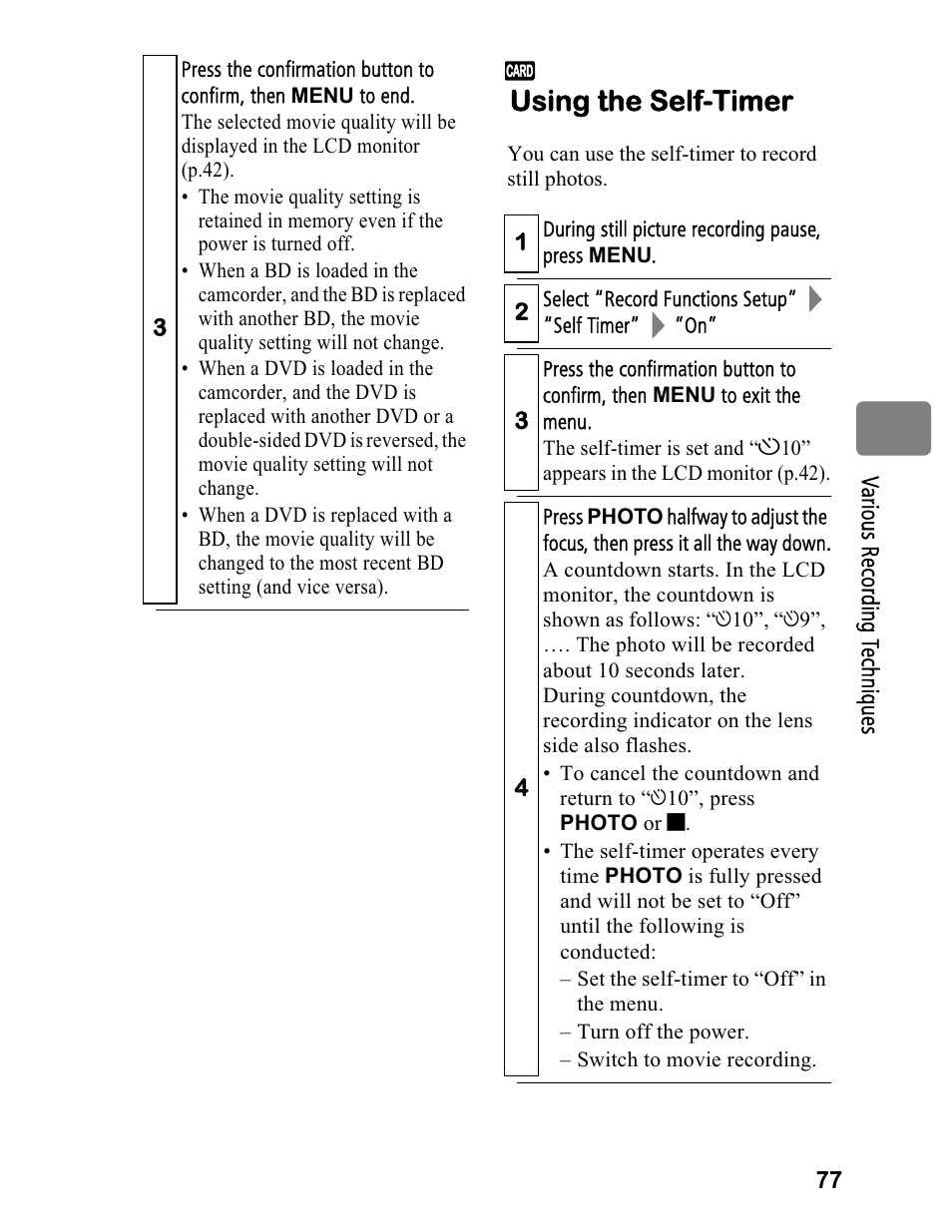 Using the self-timer | Hitachi DZ-BD70A User Manual | Page 77 / 183