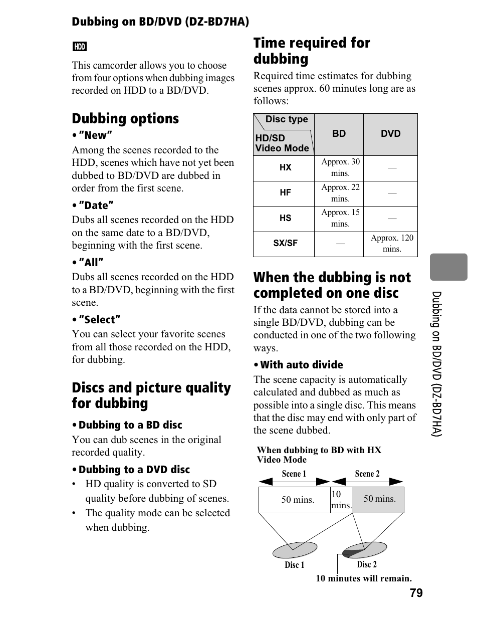 Dubbing options, Discs and picture quality for dubbing, Time required for dubbing | When the dubbing is not completed on one disc | Hitachi DZ-BD70A User Manual | Page 79 / 183