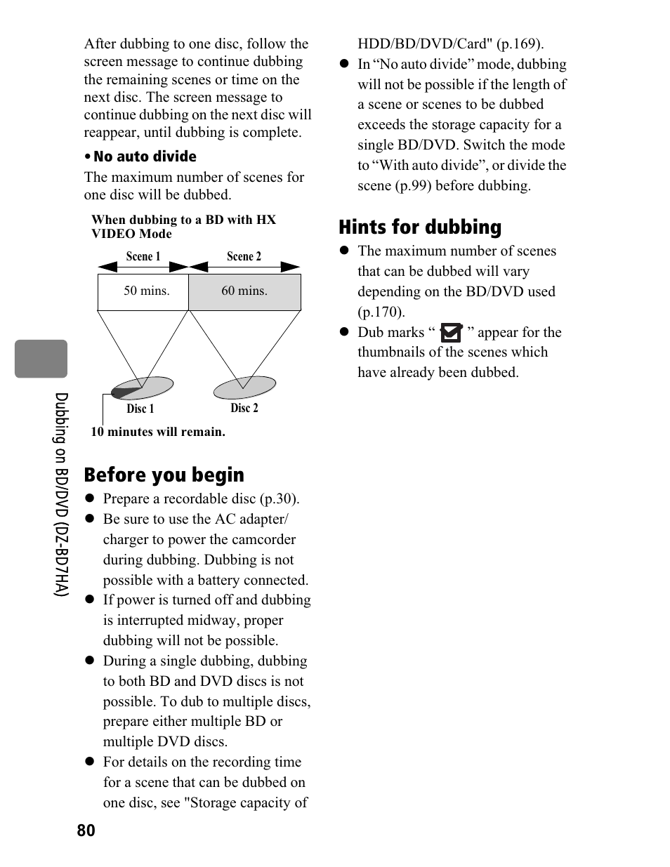 Before you begin, Hints for dubbing | Hitachi DZ-BD70A User Manual | Page 80 / 183