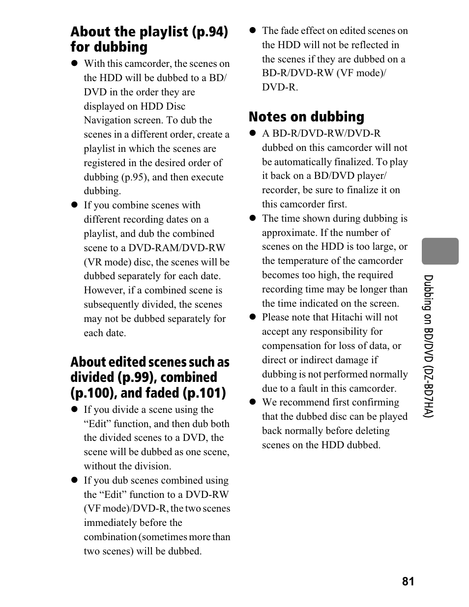 About the playlist (p.94) for dubbing | Hitachi DZ-BD70A User Manual | Page 81 / 183