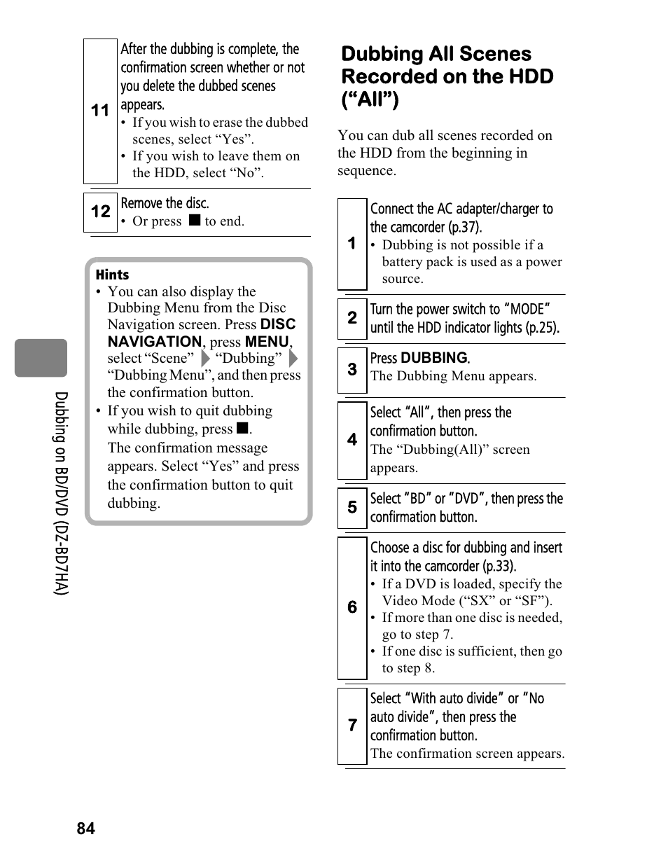 Dubbing all scenes recorded on the hdd (“all”) | Hitachi DZ-BD70A User Manual | Page 84 / 183
