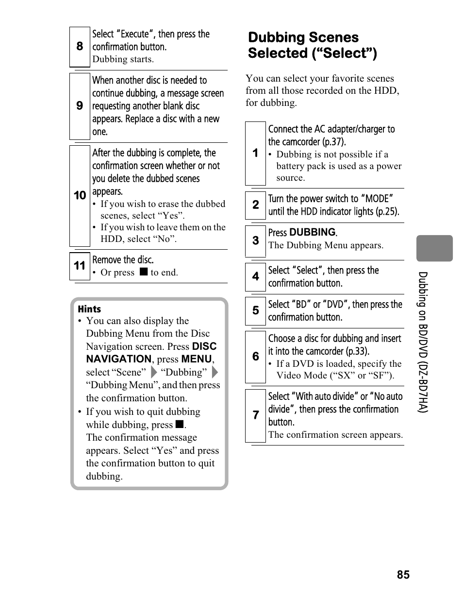 Dubbing scenes selected (“select”) | Hitachi DZ-BD70A User Manual | Page 85 / 183