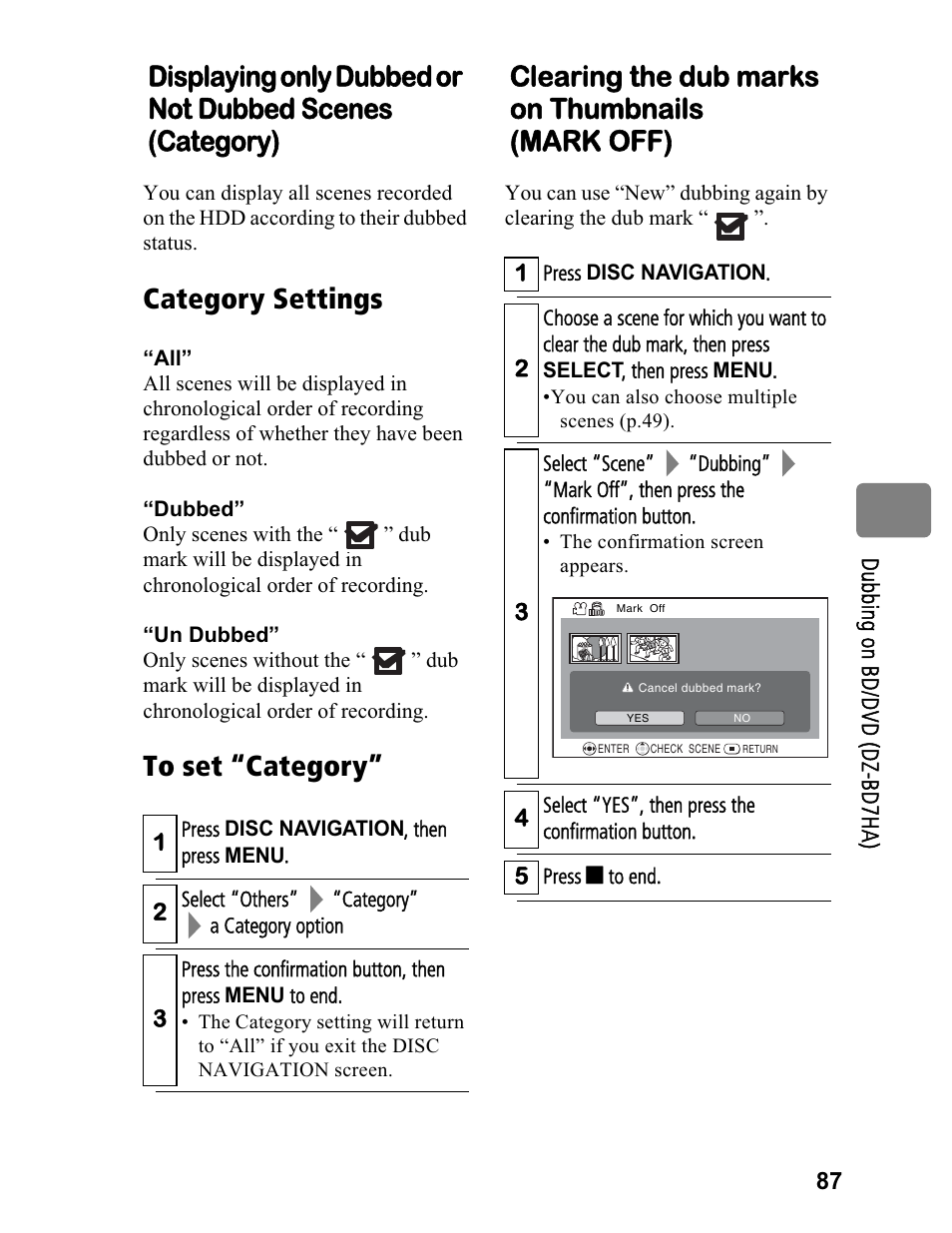 Category settings, Clearing the dub marks on thumbnails (mark off) | Hitachi DZ-BD70A User Manual | Page 87 / 183