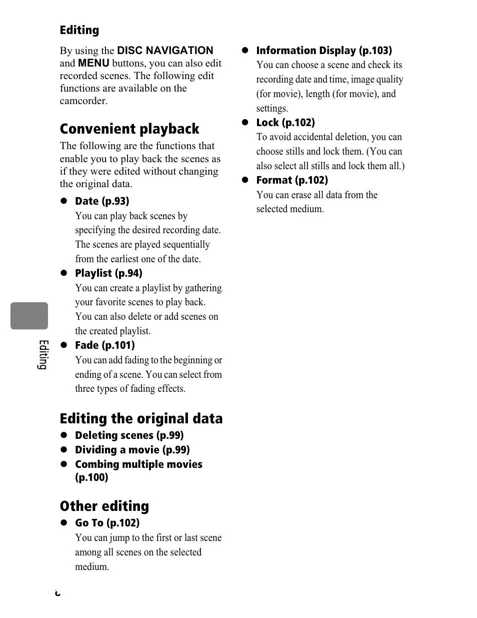 Convenient playback, Editing the original data, Other editing | Hitachi DZ-BD70A User Manual | Page 88 / 183