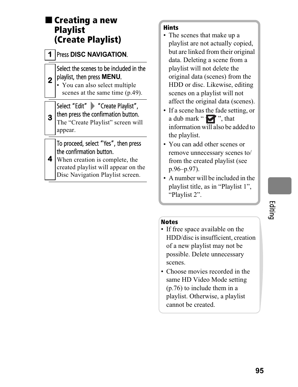 Creating a new playlist (create playlist) | Hitachi DZ-BD70A User Manual | Page 95 / 183