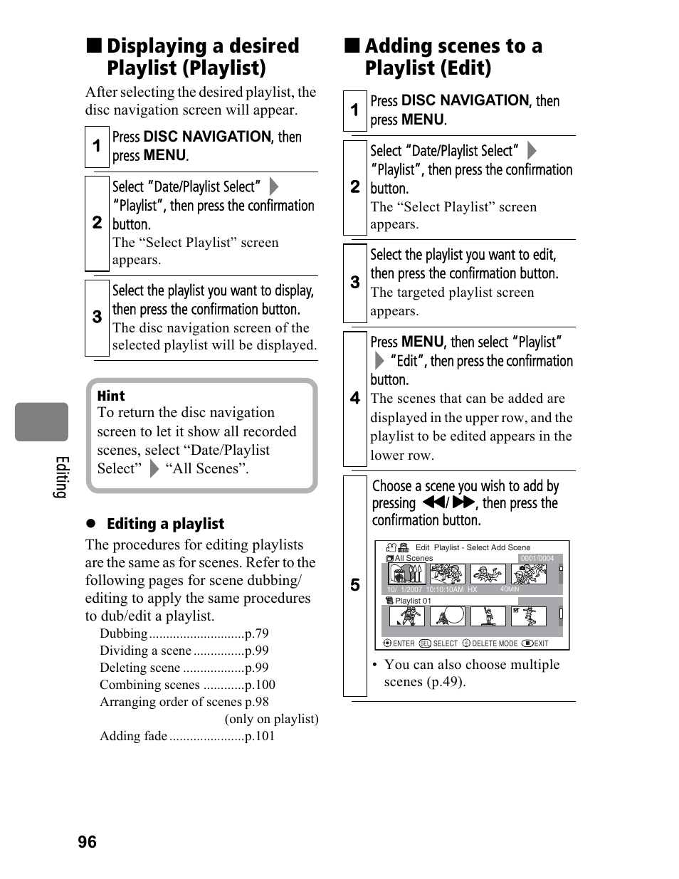 Displaying a desired playlist (playlist), Adding scenes to a playlist (edit), 96 ed itin g | Hitachi DZ-BD70A User Manual | Page 96 / 183