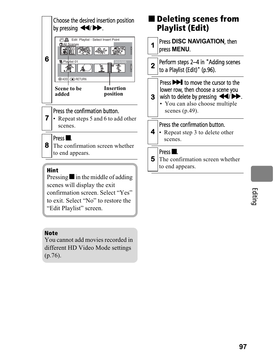 Deleting scenes from playlist (edit) | Hitachi DZ-BD70A User Manual | Page 97 / 183