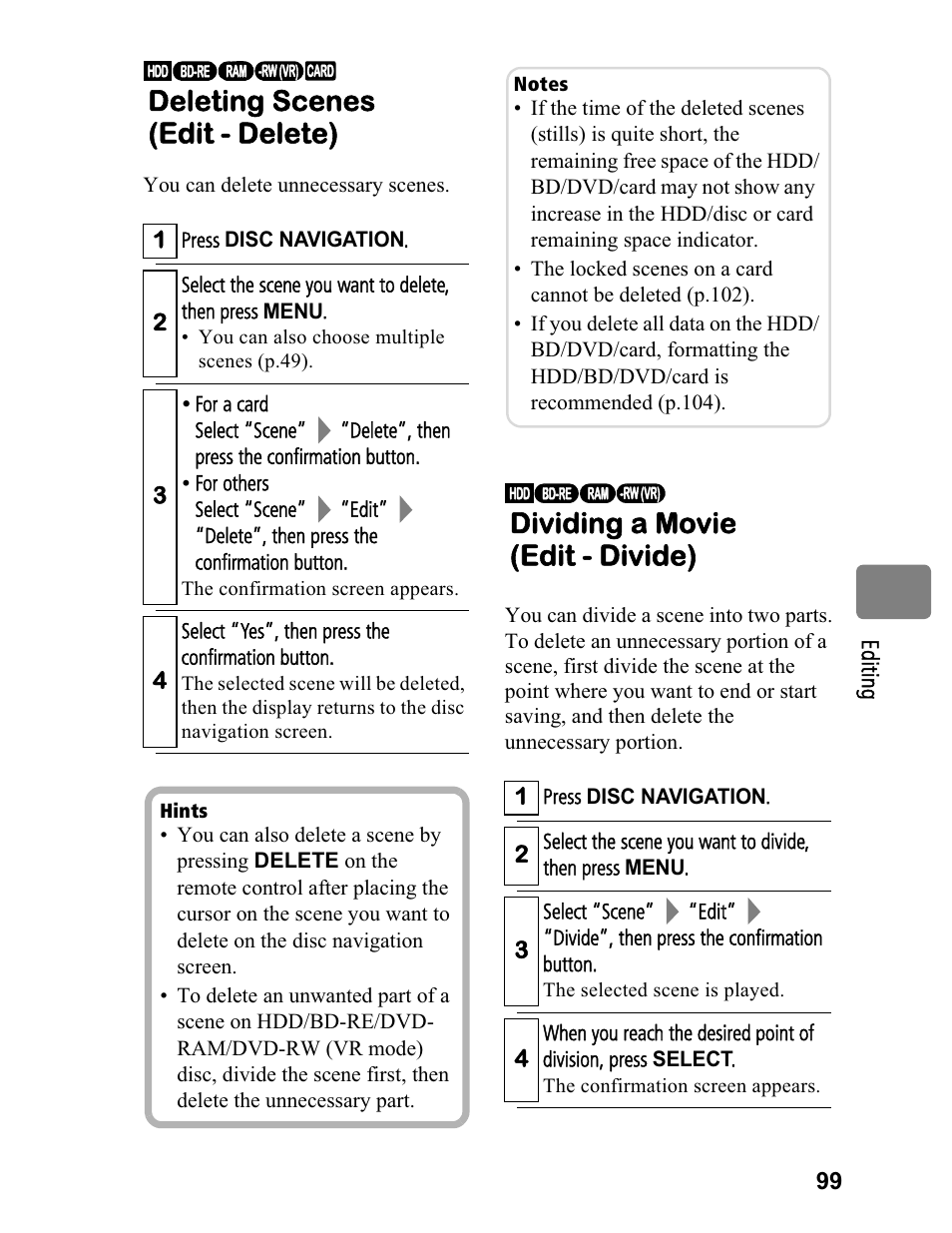 Deleting scenes (edit - delete), Dividing a movie (edit - divide) | Hitachi DZ-BD70A User Manual | Page 99 / 183