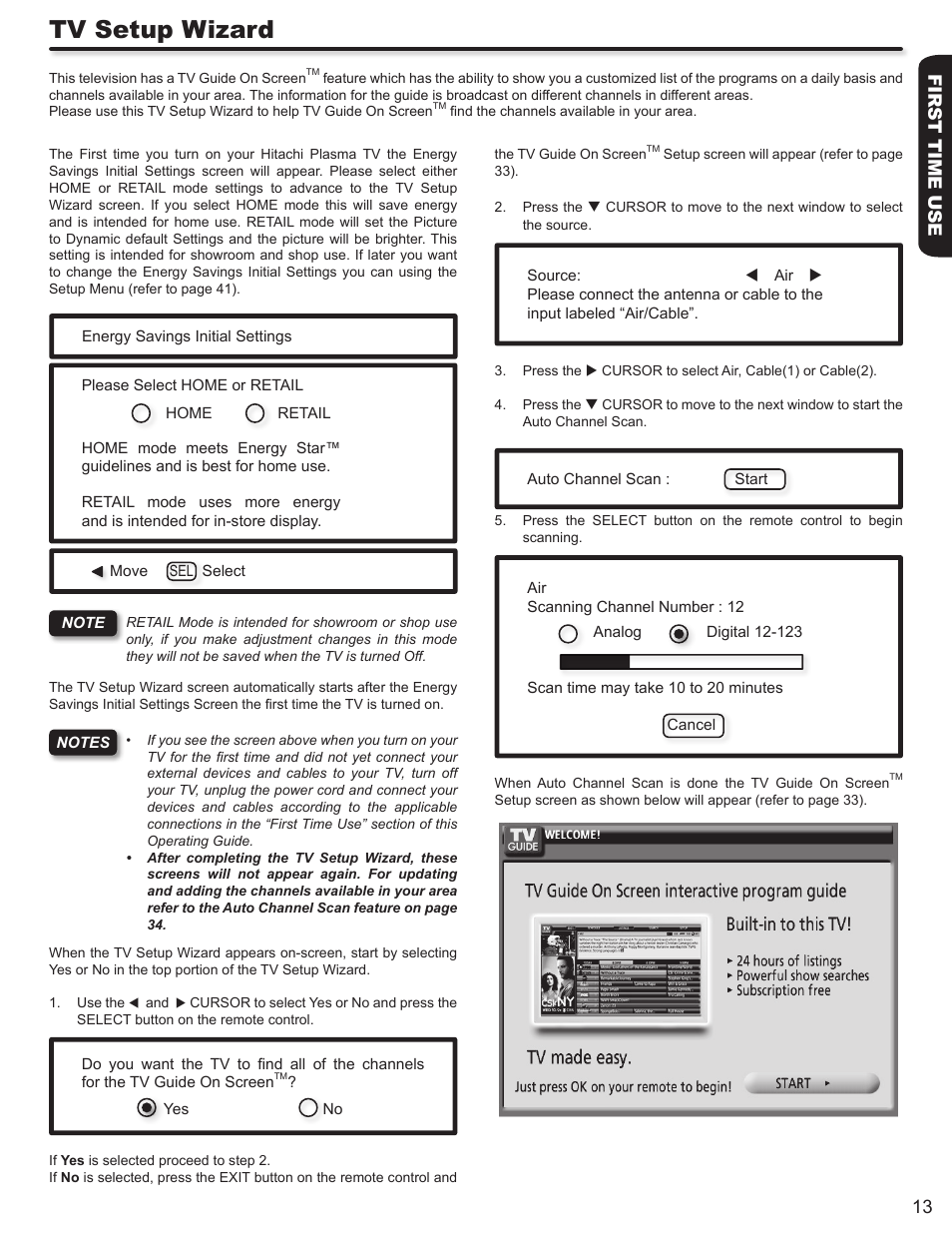 Tv setup wizard, First time use 13 | Hitachi P50S602 User Manual | Page 13 / 60