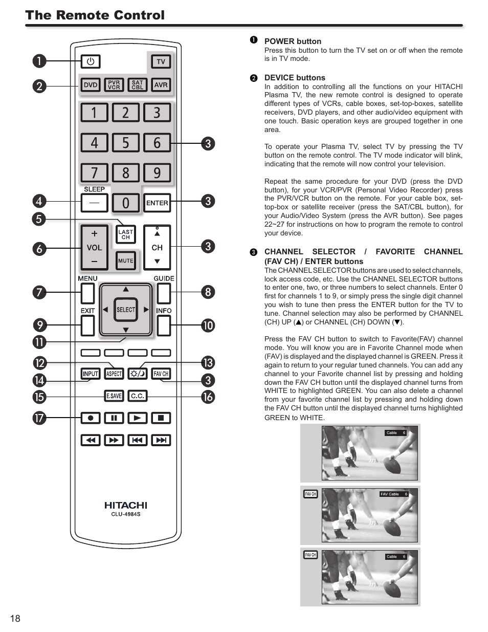 The remote control | Hitachi P50S602 User Manual | Page 18 / 60