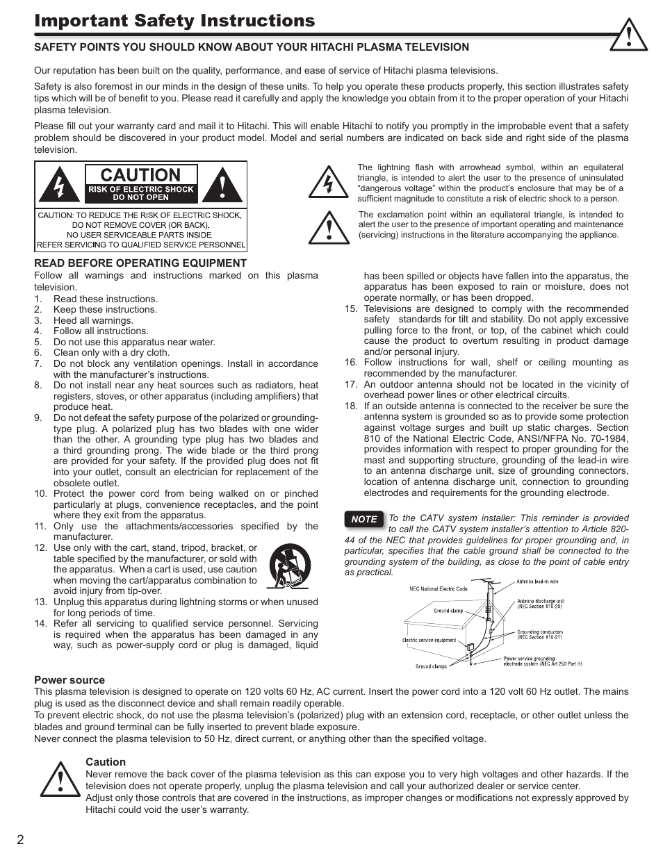 Important safety instructions | Hitachi P50S602 User Manual | Page 2 / 60