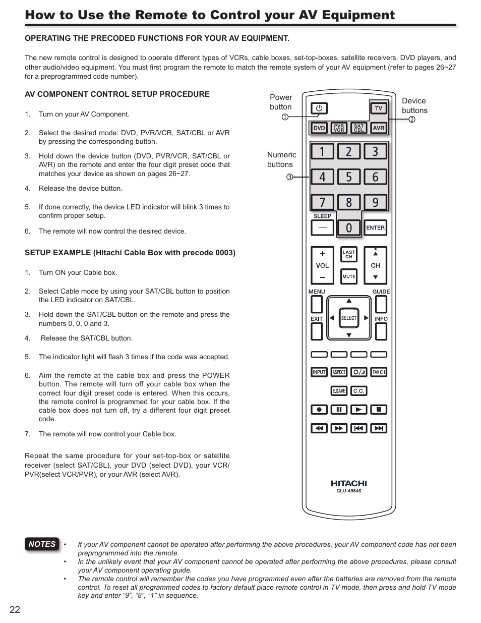 How to use the remote to control your av equipment | Hitachi P50S602 User Manual | Page 22 / 60