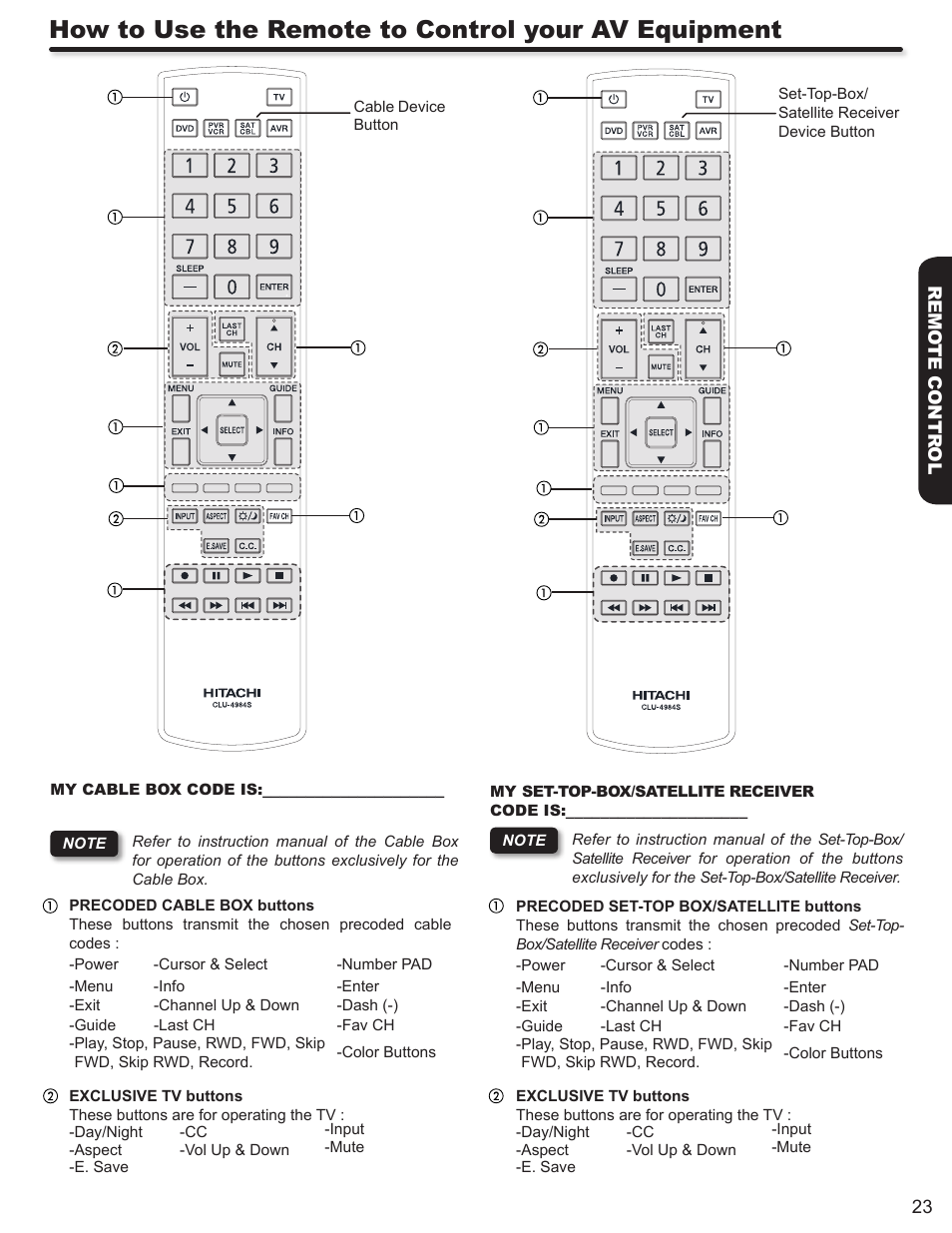 How to use the remote to control your av equipment | Hitachi P50S602 User Manual | Page 23 / 60