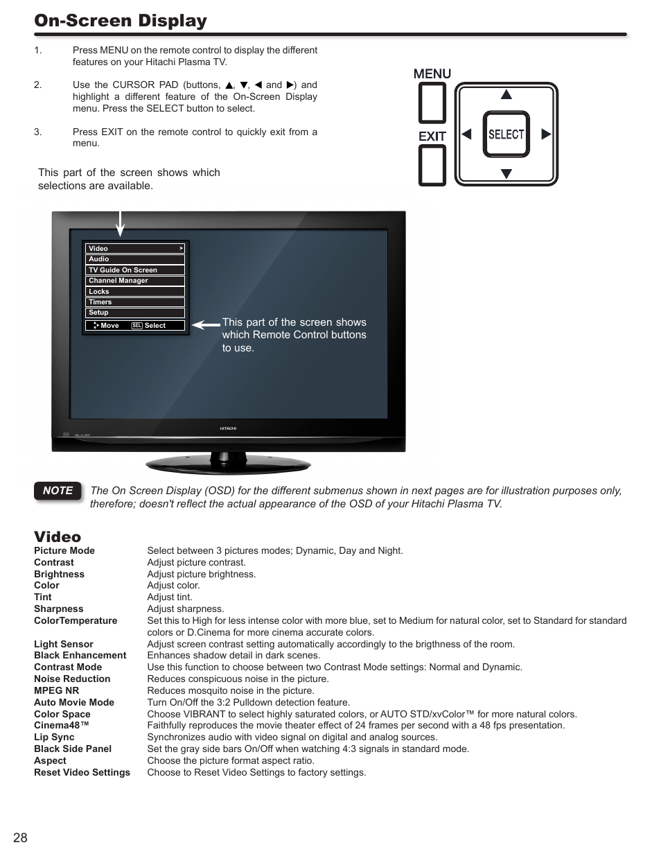 On-screen display, Video | Hitachi P50S602 User Manual | Page 28 / 60