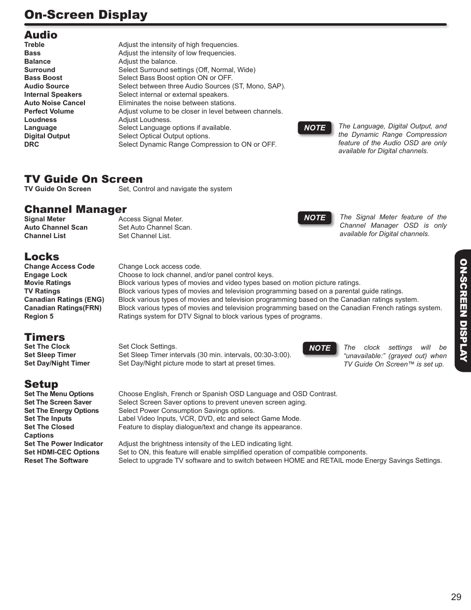On-screen display, Audio, Tv guide on screen | Channel manager, Locks, Timers, Setup | Hitachi P50S602 User Manual | Page 29 / 60
