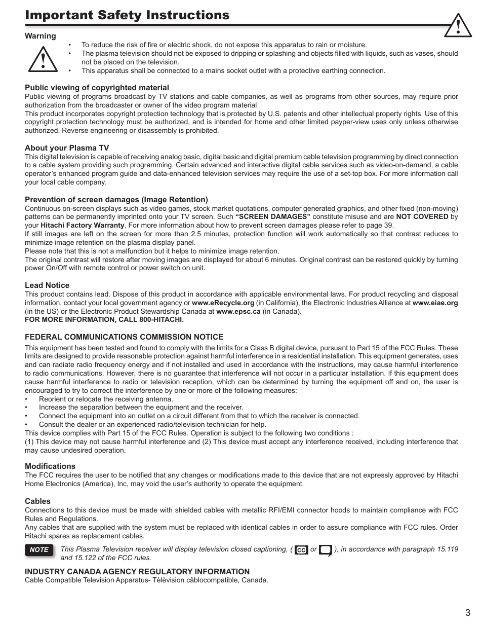 Important safety instructions | Hitachi P50S602 User Manual | Page 3 / 60