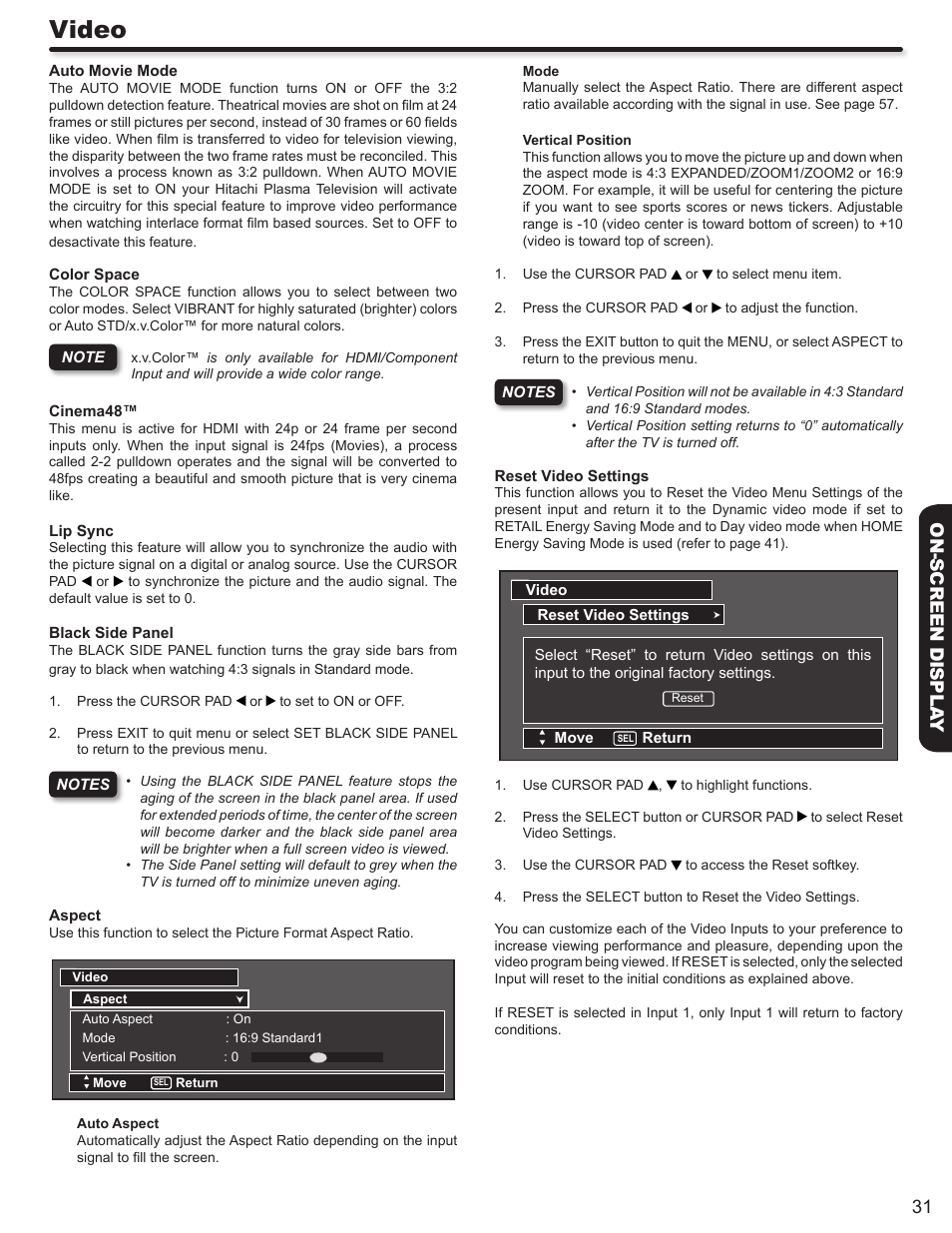 Video, 31 on-screen displa y | Hitachi P50S602 User Manual | Page 31 / 60