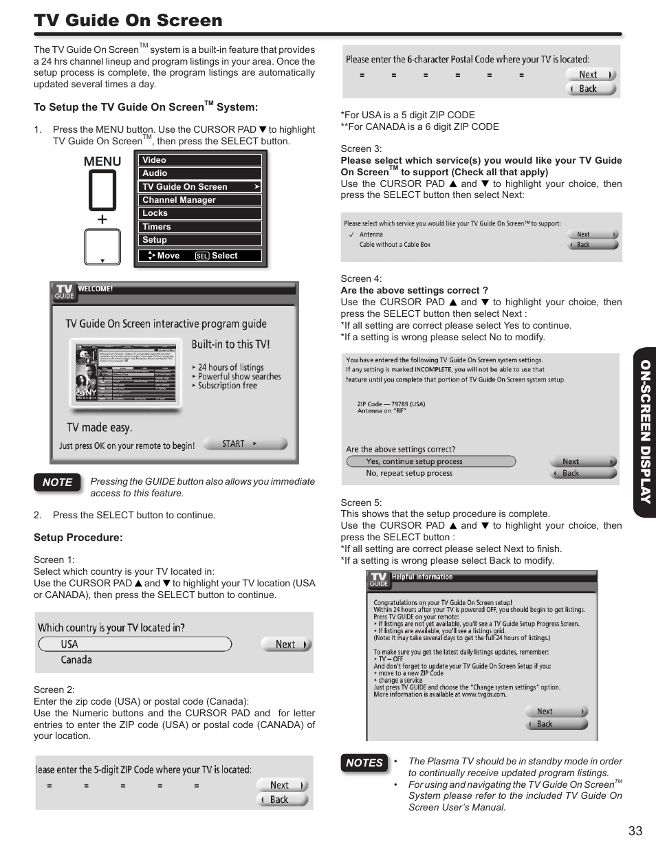 Tv guide on screen, 33 on-screen displa y | Hitachi P50S602 User Manual | Page 33 / 60