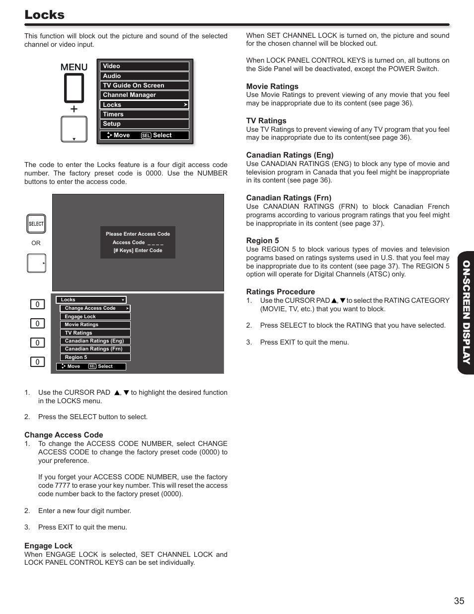 Locks, 35 on-screen displa y | Hitachi P50S602 User Manual | Page 35 / 60