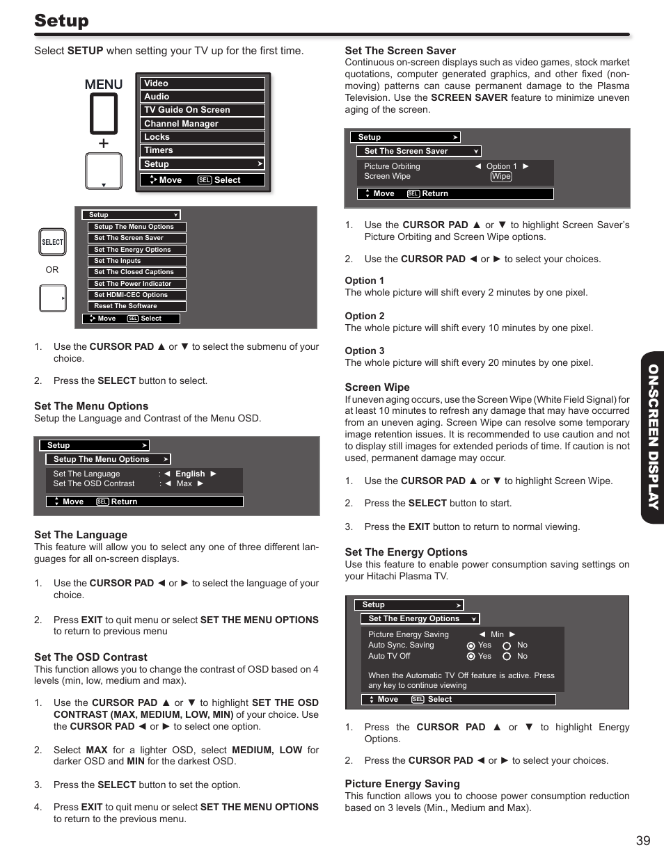 Setup, 39 on-screen displa y | Hitachi P50S602 User Manual | Page 39 / 60