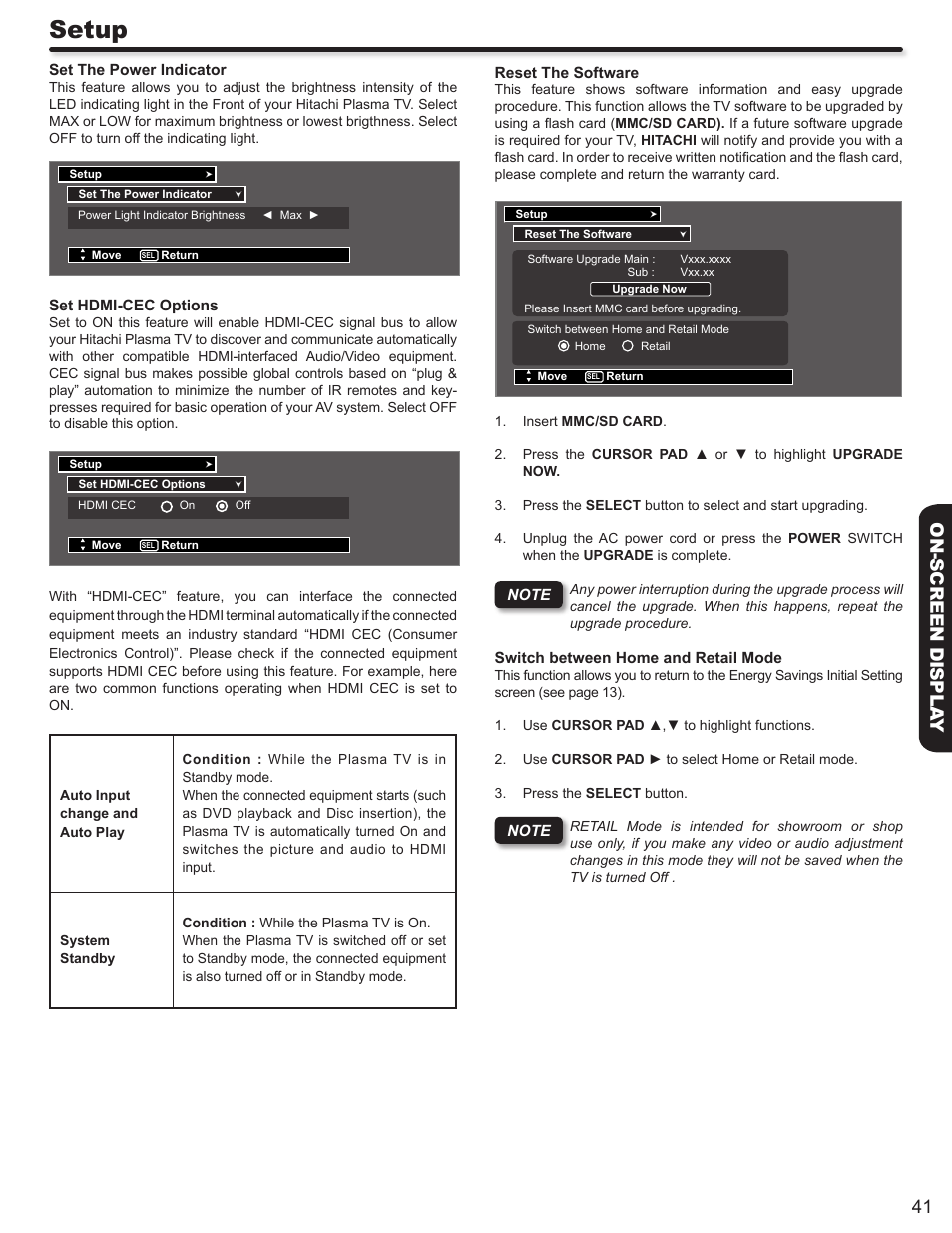 Setup, 41 on-screen displa y | Hitachi P50S602 User Manual | Page 41 / 60